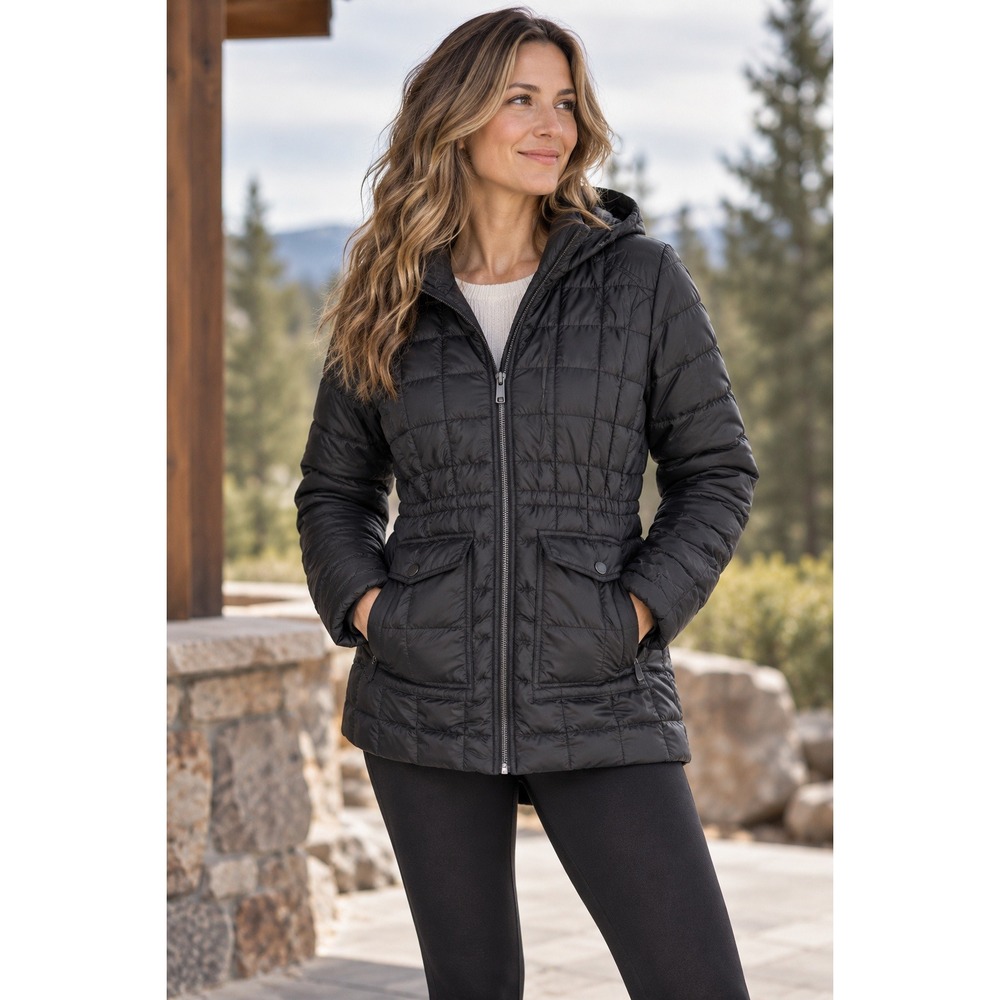 Athleta Puffer Jacket Women Large Black Down Parka Hooded Quilted Winter